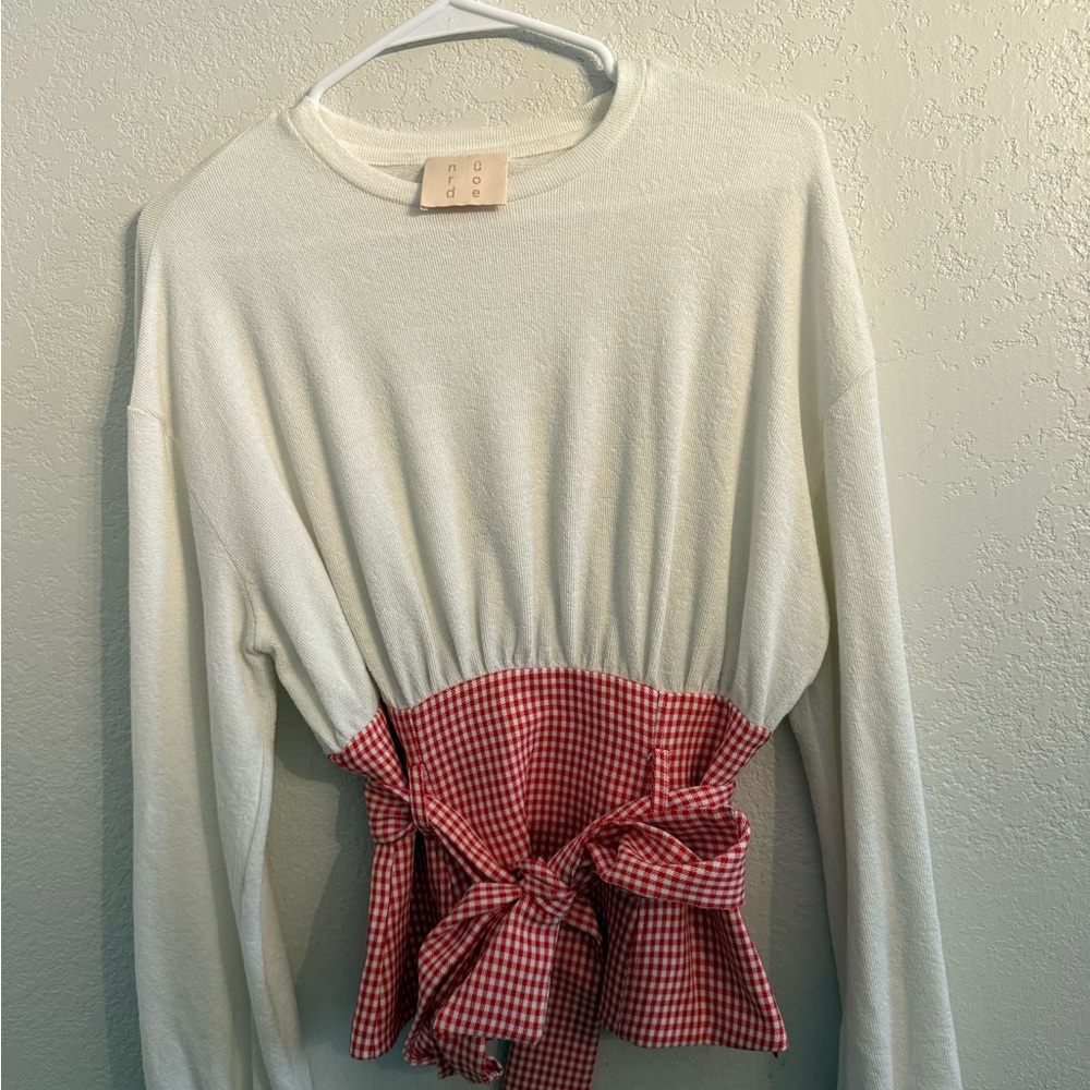 Nude Ivory Knit & Red Gingham Tie Waist Peplum Top Cottagecore Size S